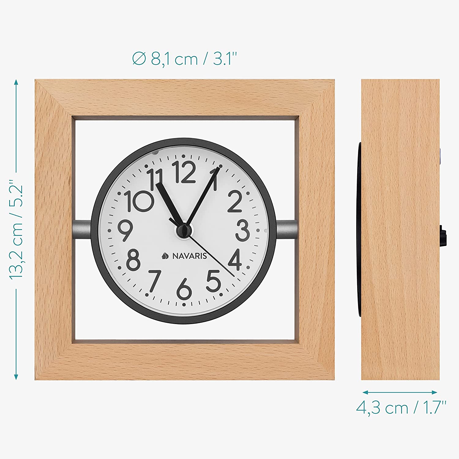 Navaris Analogue Wood Alarm Clock Design Square - Αναλογικό Επιτραπέζιο Ρολόι και Ξυπνητήρι - Light Brown / Black - 54473.24.02