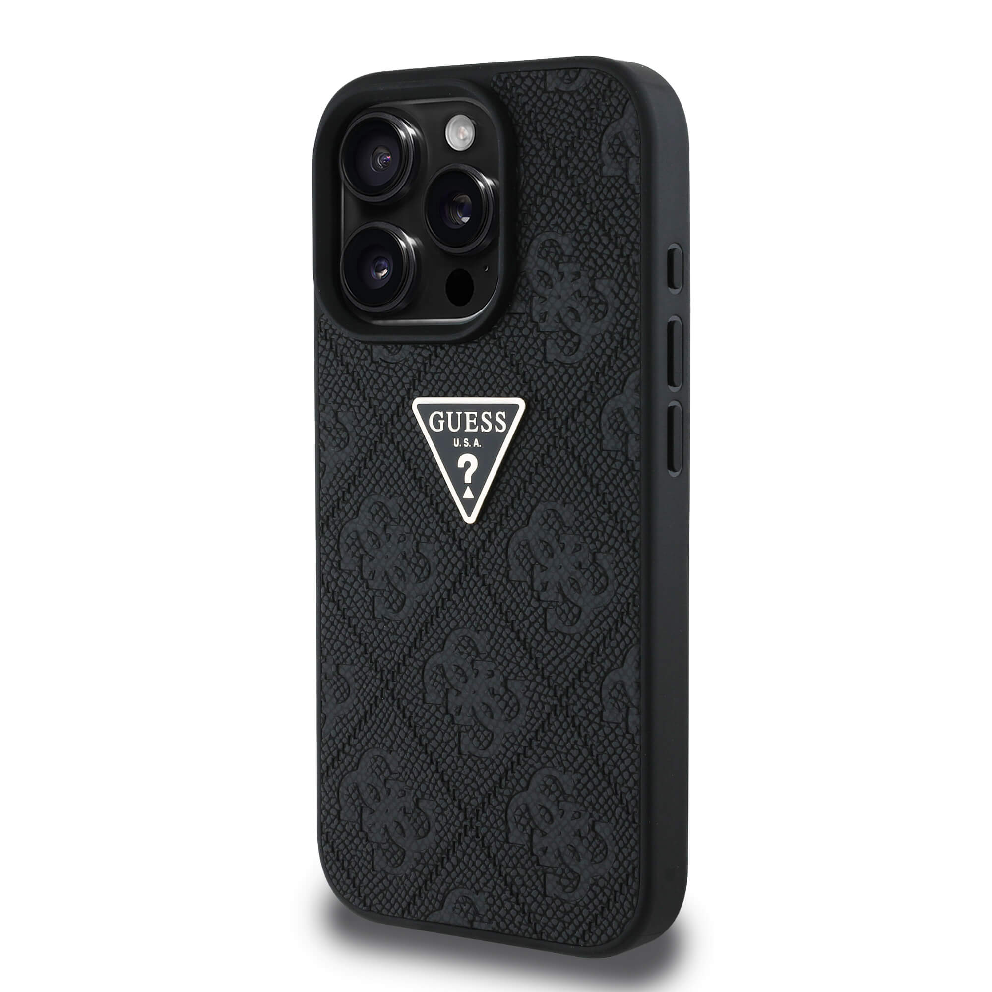 Guess iPhone 16 Pro Max - Hot Stamp 4G Pattern Triangle Metal Logo - Σκληρή Θήκη με Επένδυση Συνθετικού Δέρματος και Πλαίσιο Σιλικόνης - Black - GUHCP16XPGP4STRK