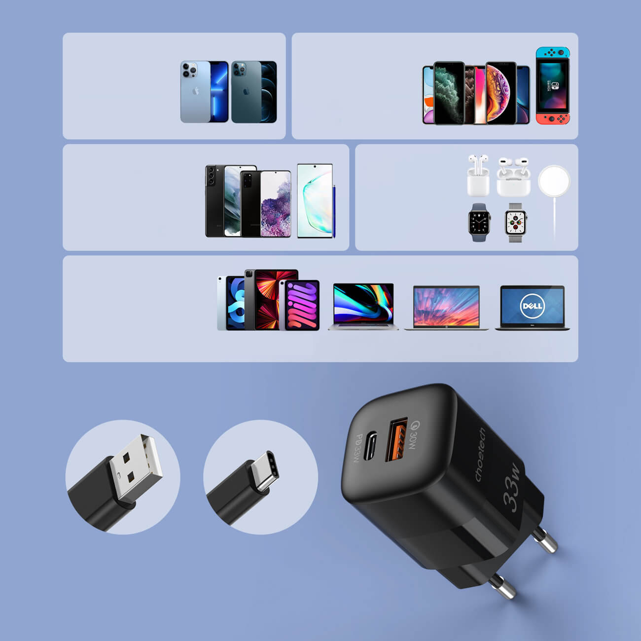 Choetech PD QC 33W Οικιακός Φορτιστής Γρήγορης Φόρτισης με 1 Θύρα Type - C και 1 Θύρα USB - Black - PD5006