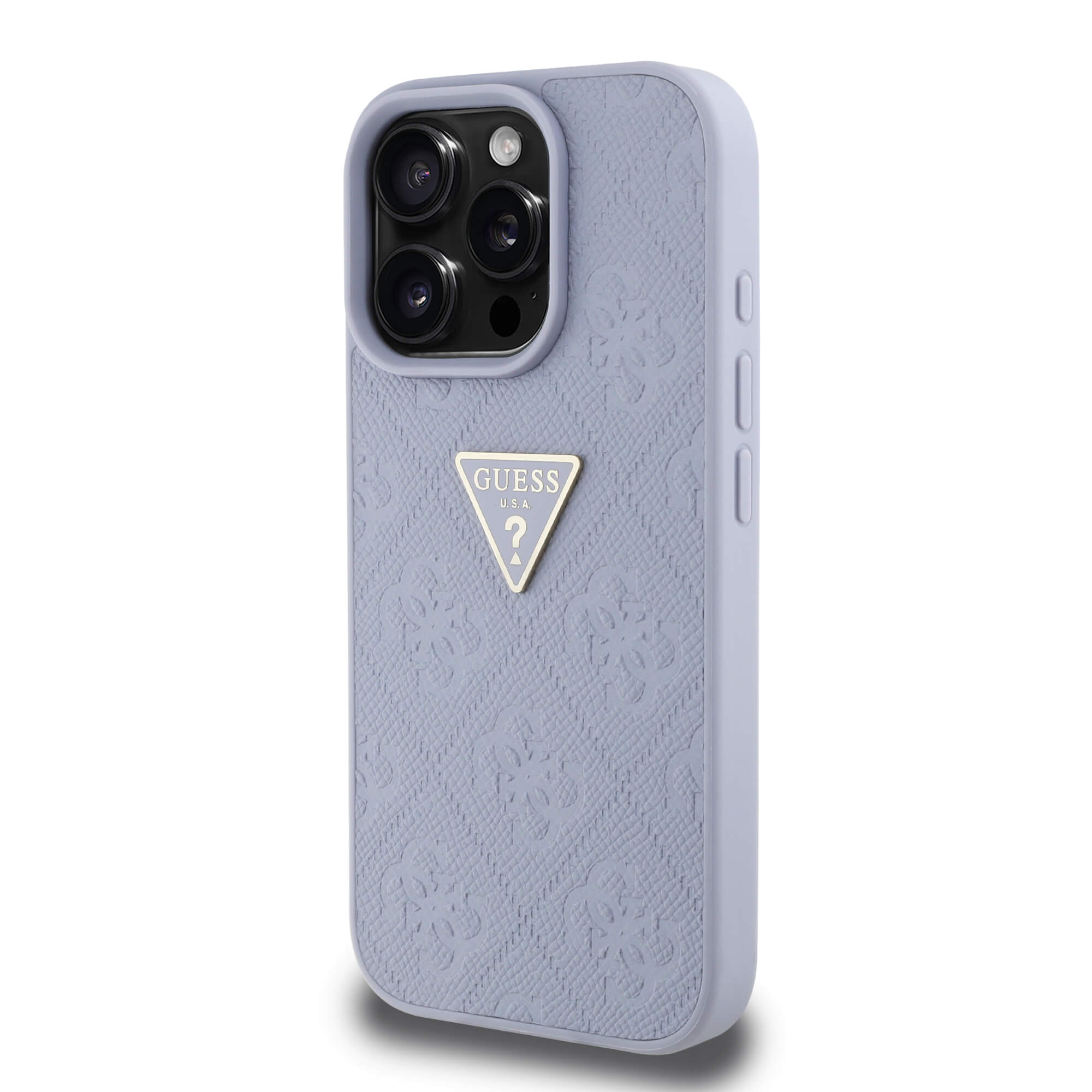Guess iPhone 16 Pro Max - Hot Stamp 4G Pattern Triangle Metal Logo - Σκληρή Θήκη με Επένδυση Συνθετικού Δέρματος και Πλαίσιο Σιλικόνης - Purple - GUHCP16XPGP4STRU