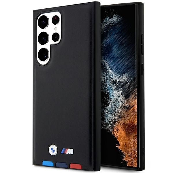 BMW Samsung Galaxy S23 Ultra Leather Stamp Tricolor Σκληρή Θήκη με Πλαίσιο Σιλικόνης - Black