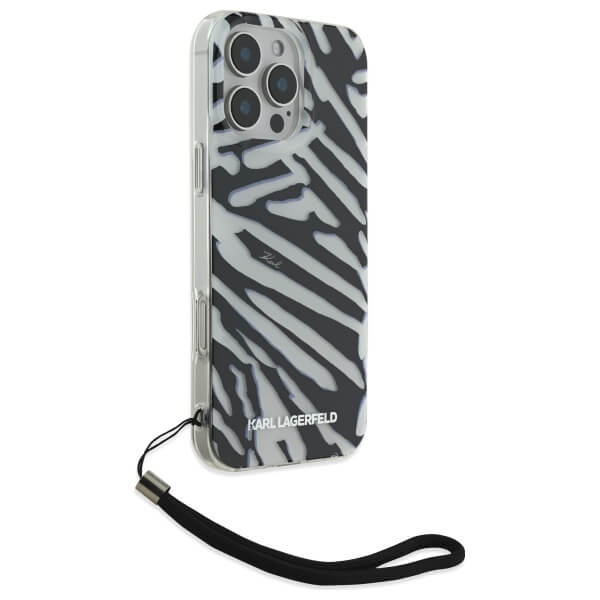 Karl Lagerfeld iPhone 16 Pro Max - IML Zebra Pattern and Cord - Σκληρή Θήκη με Πλαίσιο Σιλικόνης και Λουράκι - Black - KLHCP16XHZBPKCCK