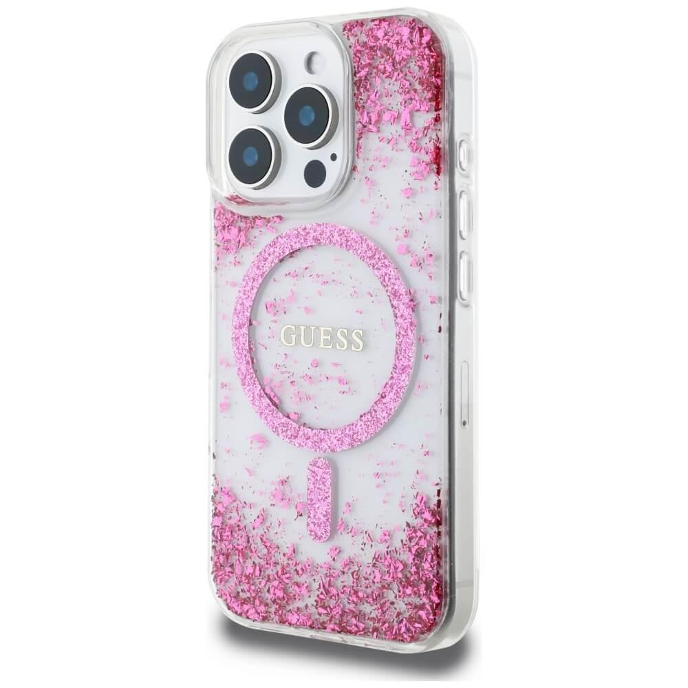 Guess iPhone 16 Pro Max - HC Resin Bottom Glitter - MagSafe Σκληρή Θήκη με Πλαίσιο Σιλικόνης - Pink - GUHMP16XRGRGEP