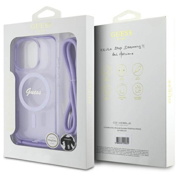 Guess iPhone 16 Pro - Crossbody Cord Script MagSafe - Σκληρή Θήκη με Πλαίσιο Σιλικόνης και Λουράκι - Purple - GUHMP16LHCTSGNSU