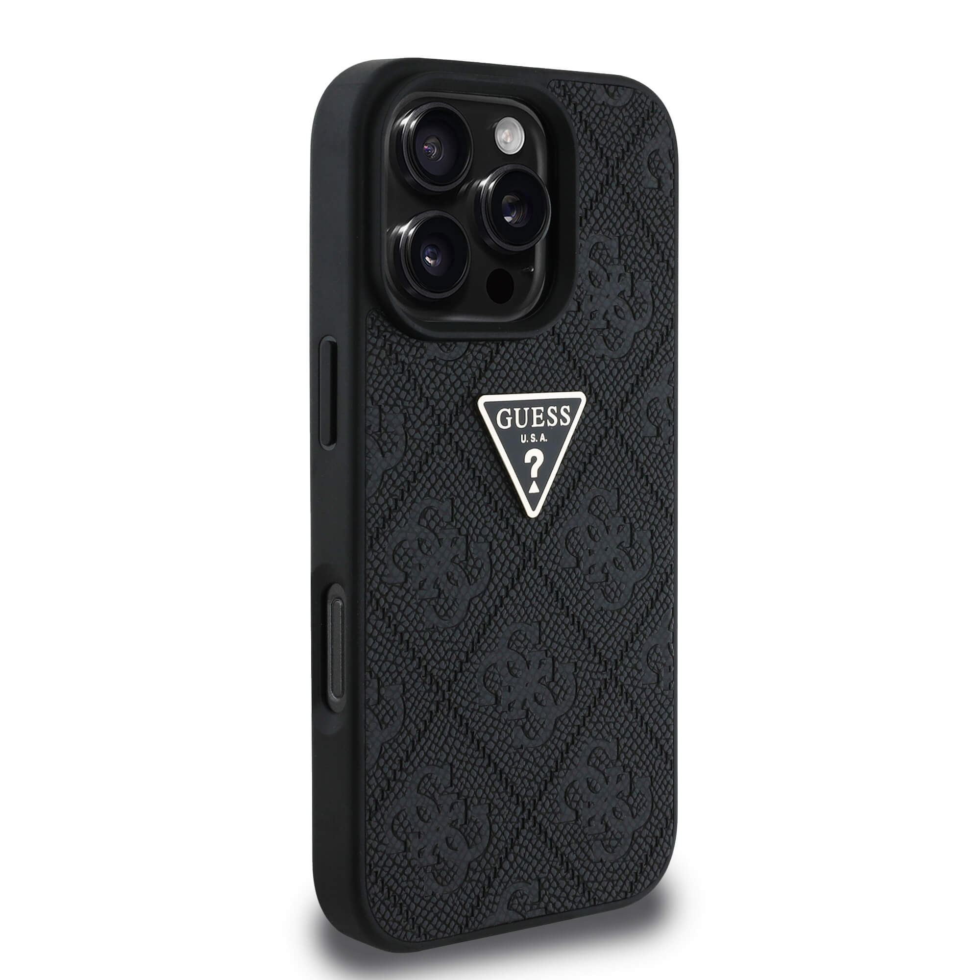 Guess iPhone 16 Pro Max - Hot Stamp 4G Pattern Triangle Metal Logo - Σκληρή Θήκη με Επένδυση Συνθετικού Δέρματος και Πλαίσιο Σιλικόνης - Black - GUHCP16XPGP4STRK