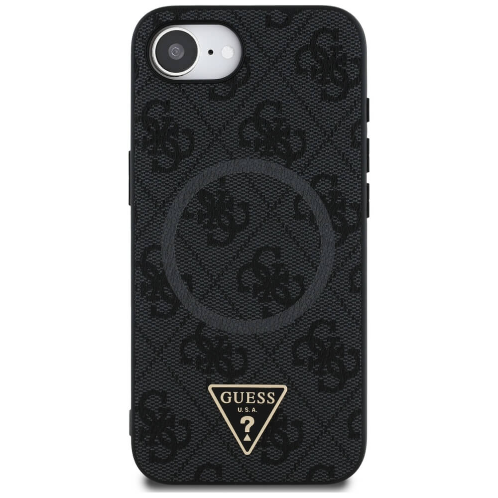 Guess iPhone 16e - 4G Ring Triangle Logo - MagSafe Θήκη με Επένδυση Συνθετικού Δέρματος - Black - GUHMPSE4P4TDPK