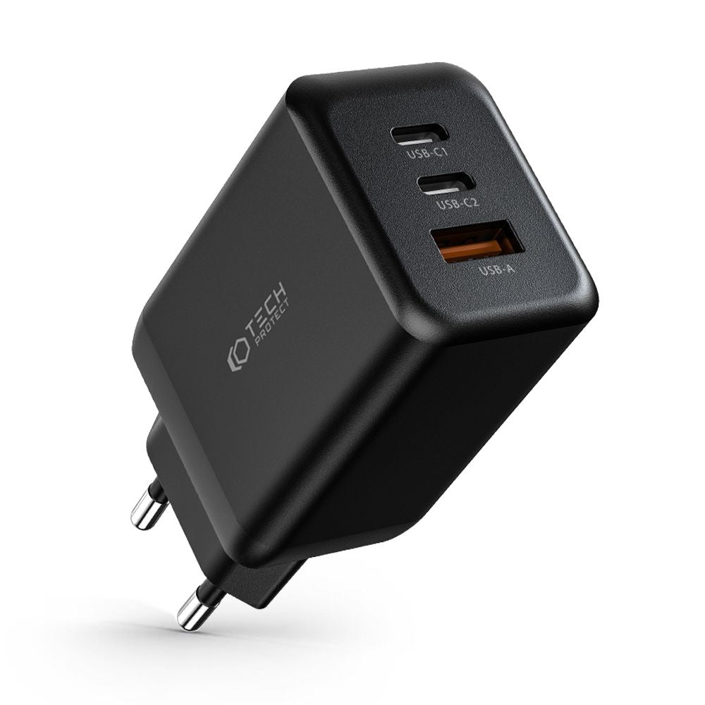 Tech - Protect C65W QC3.0 Οικιακός Φορτιστής Γρήγορης Φόρτισης με 2 Θύρες Type C και 1 Θύρα USB - Black