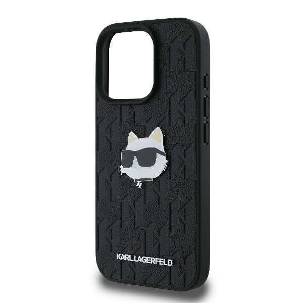 Karl Lagerfeld iPhone 16 Pro Max - Monogram Choupette Head Pin Σκληρή Θήκη με Επένδυση Συνθετικού Δέρματος - Black - KLHCP16XPGKLCHPK