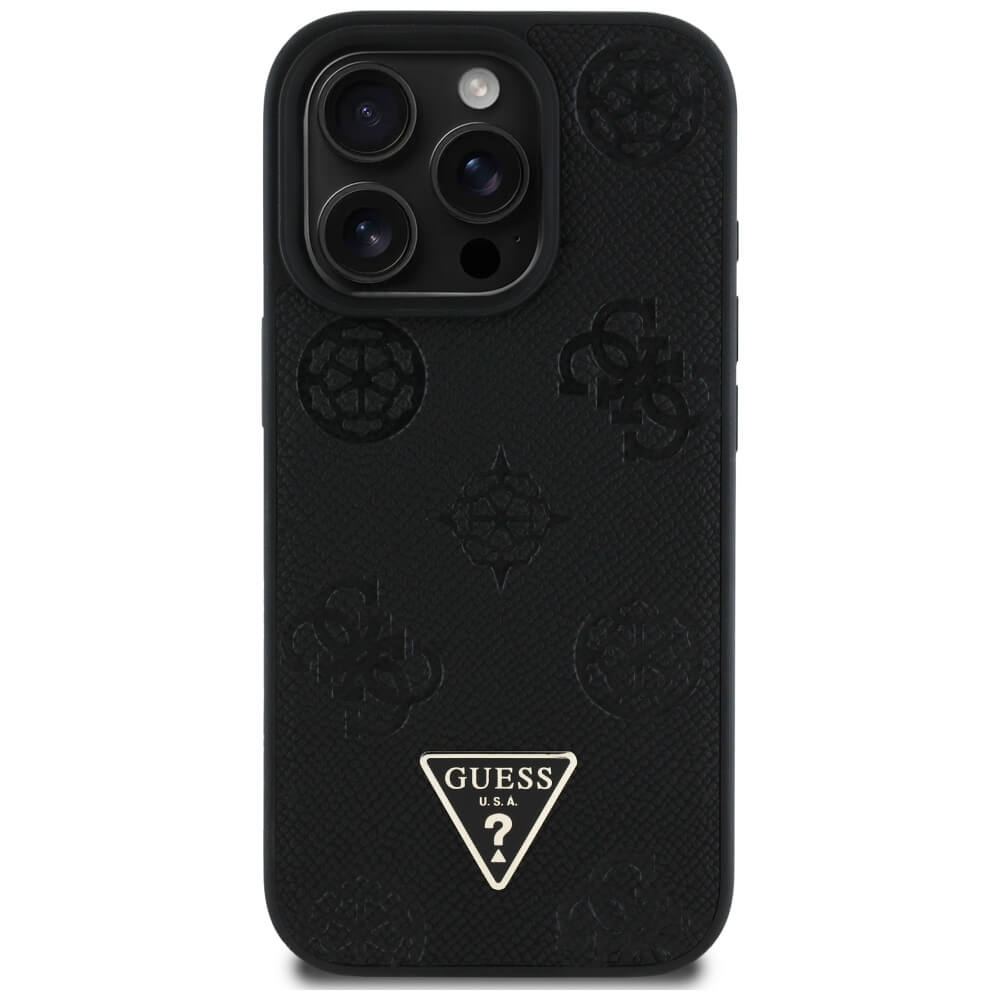 Guess iPhone 16 Pro - Grained Hot Stamp Peony Triangle Logo - MagSafe Σκληρή Θήκη με Επένδυση Συνθετικού Δέρματος - Black - GUHMP16LPGBTMK