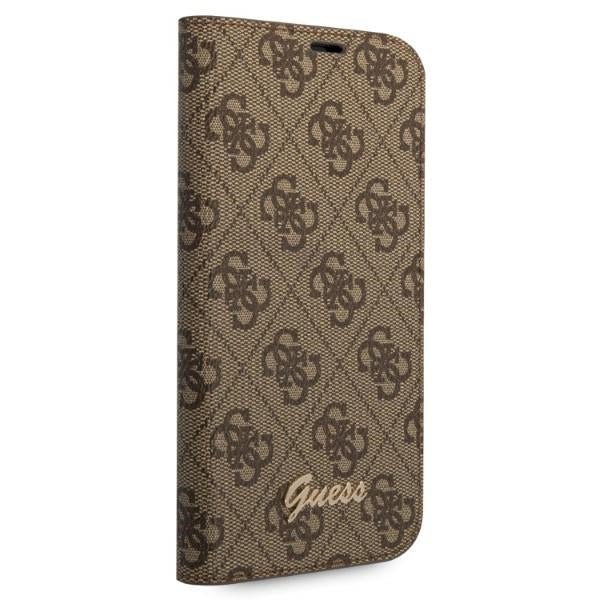 Guess iPhone 14 Pro Max 4G Vintage Gold Logo Θήκη Βιβλίο από Συνθετικό Δέρμα - Brown - GUBKP14XHG4SHW