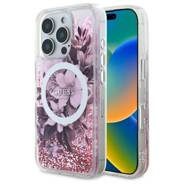 Guess iPhone 16 Pro - Liquid Glitter Flower MagSafe - Σκληρή Θήκη με Πλαίσιο Σιλικόνης - Διάφανη - GUHMP16LLFMWTP