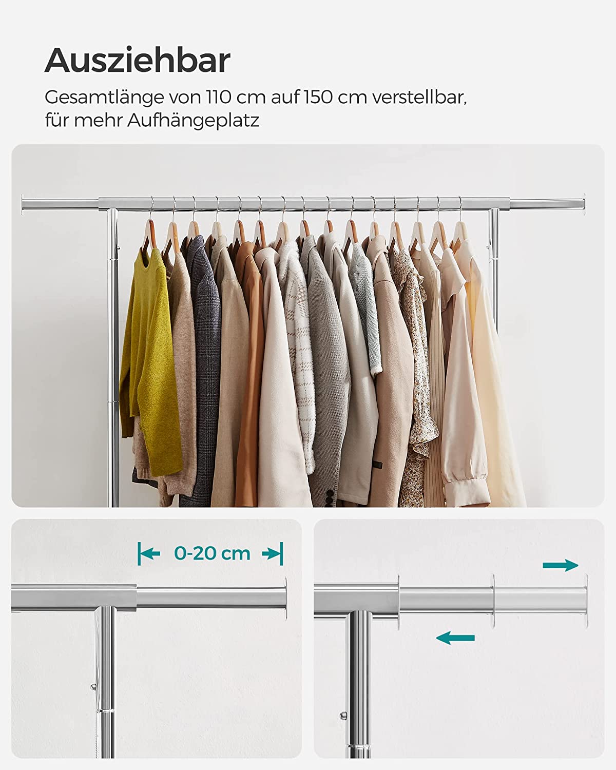 Songmics Τροχήλατη Επεκτεινόμενη Κρεμάστρα Δαπέδου - Ράγα Ρούχων - Silver - HSR11SV2