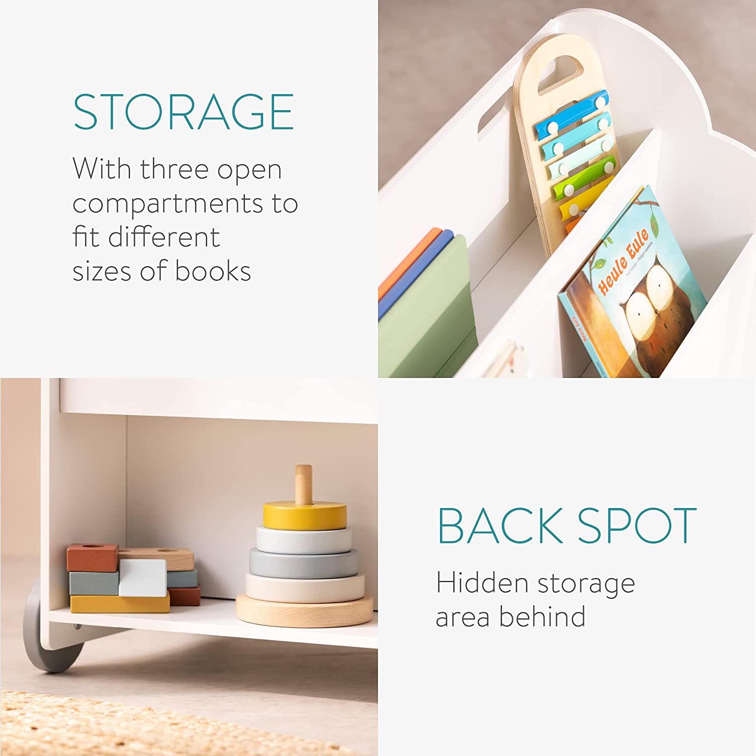 Navaris Παιδικό Κουτί Αποθήκευσης Παιχνιδιών με 3 Διαμερίσματα και Ρόδες - White - Grey / Pink - 55858.01