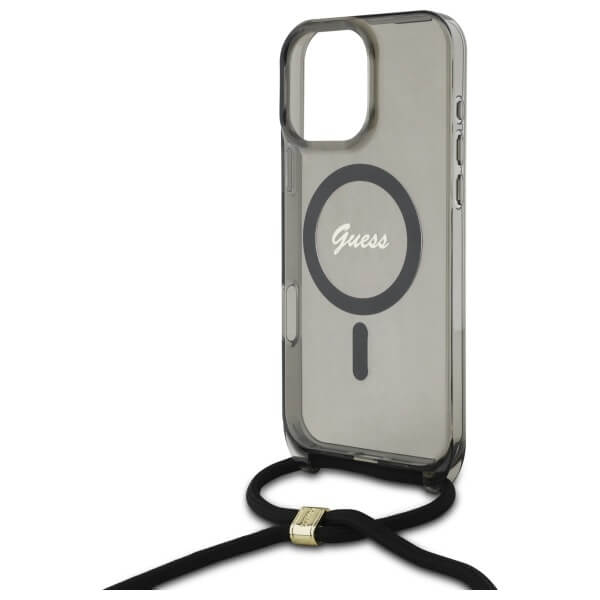 Guess iPhone 16 Pro - Crossbody Cord Script MagSafe - Σκληρή Θήκη με Πλαίσιο Σιλικόνης και Λουράκι - Black - GUHMP16LHCTSGNSK