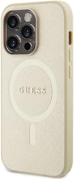 Guess iPhone 15 Pro Max Saffiano MagSafe Σκληρή Θήκη με Πλαίσιο Σιλικόνης και MagSafe - Gold - GUHMP15XPSAHMCB