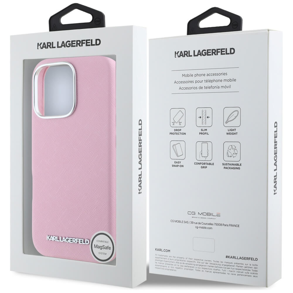 Karl Lagerfeld iPhone 16 Pro Max - Saffiano Full Wrapped Elongated Metal Logo - MagSafe Σκληρή Θήκη με Επένδυση Συνθετικού Δέρματος και Πλαίσιο Σιλικόνης - Pink - KLHMP16XPSAFWMCP