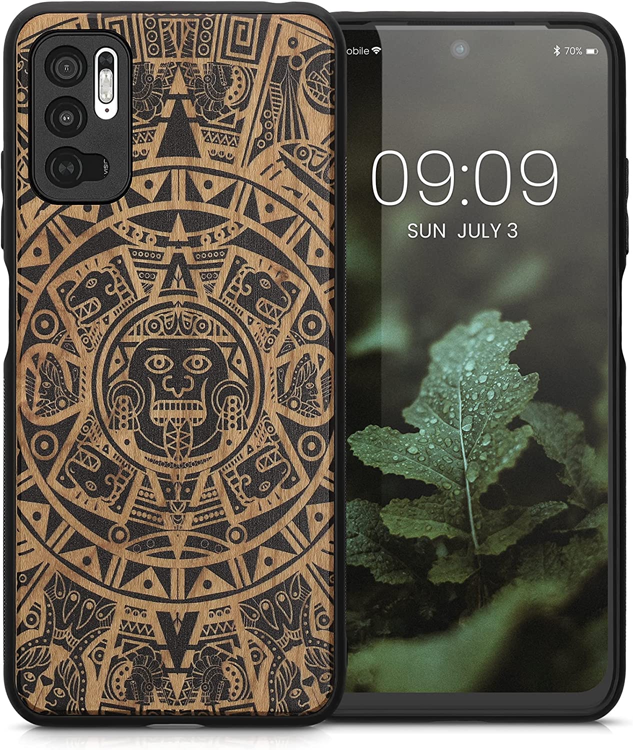 KW Xiaomi Redmi Note 10 5G Θήκη από Φυσικό Ξύλο - Design Mayan Calendar - Light Brown / Black - 56792.03