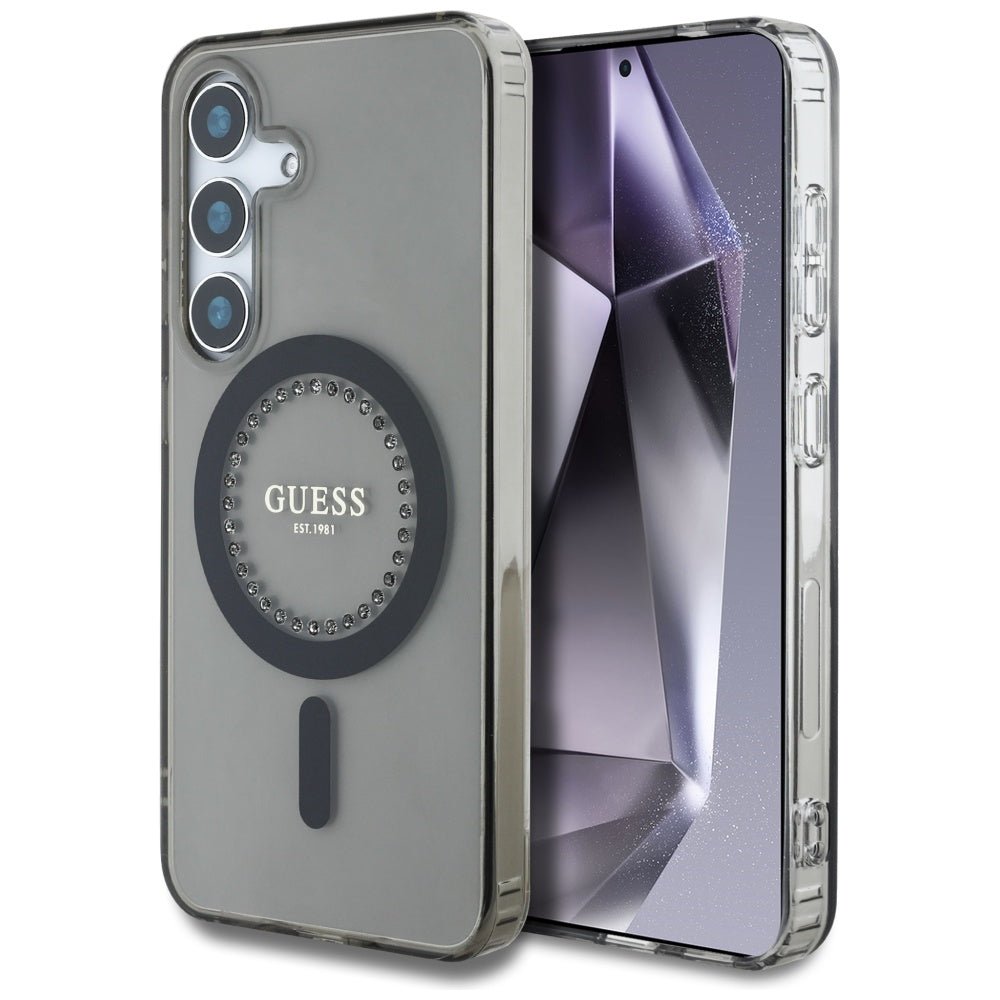 Guess Samsung Galaxy S25 - Rhinestones Printed Classic Logo - MagSafe Σκληρή Θήκη με Πλαίσιο Σιλικόνης - Black - GUHMS25SPFTDTEK