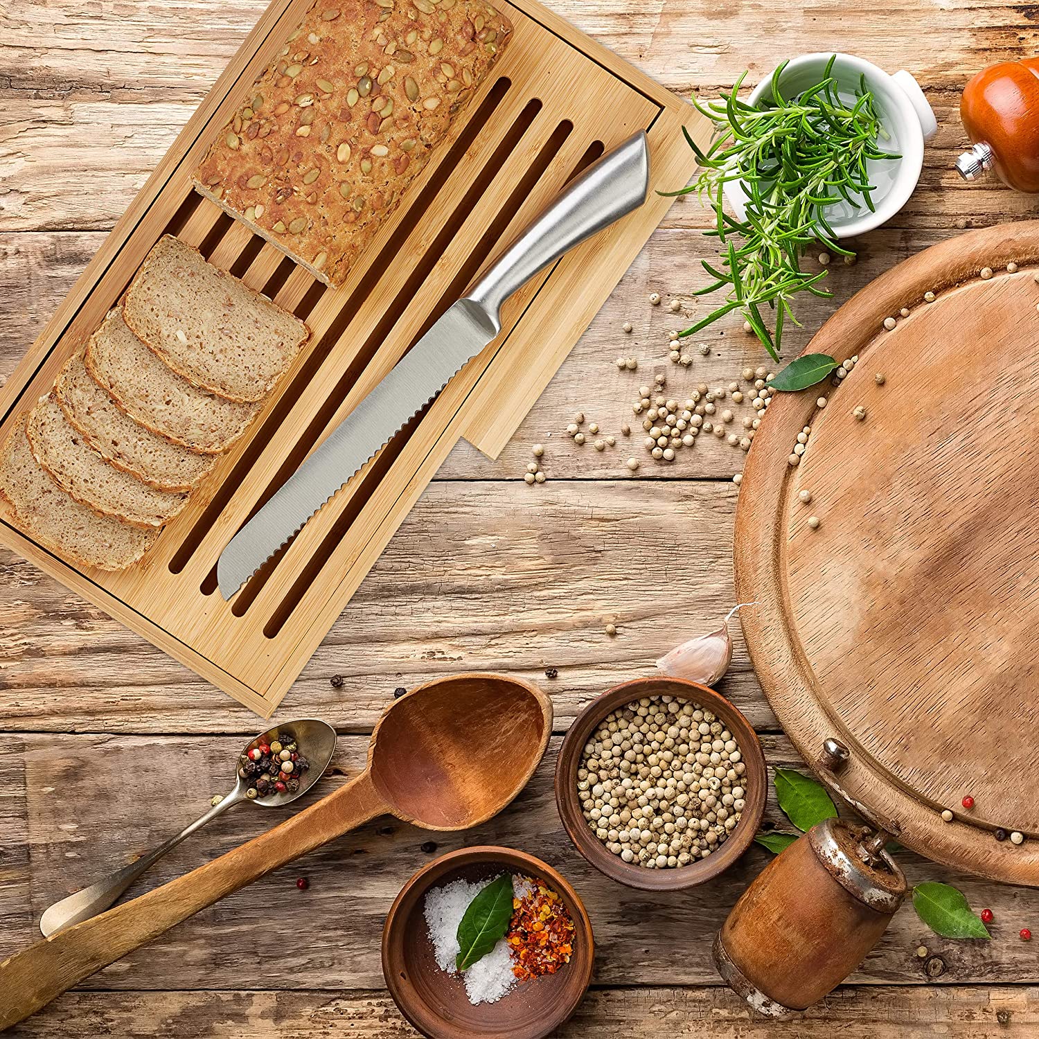 Relaxdays Ξύλο Κοπής Ψωμιού με Μαχαίρι από Ανοξείδωτο Ατσάλι με Συλλέκτη για τα Ψίχουλα - Natural - 4052025246129