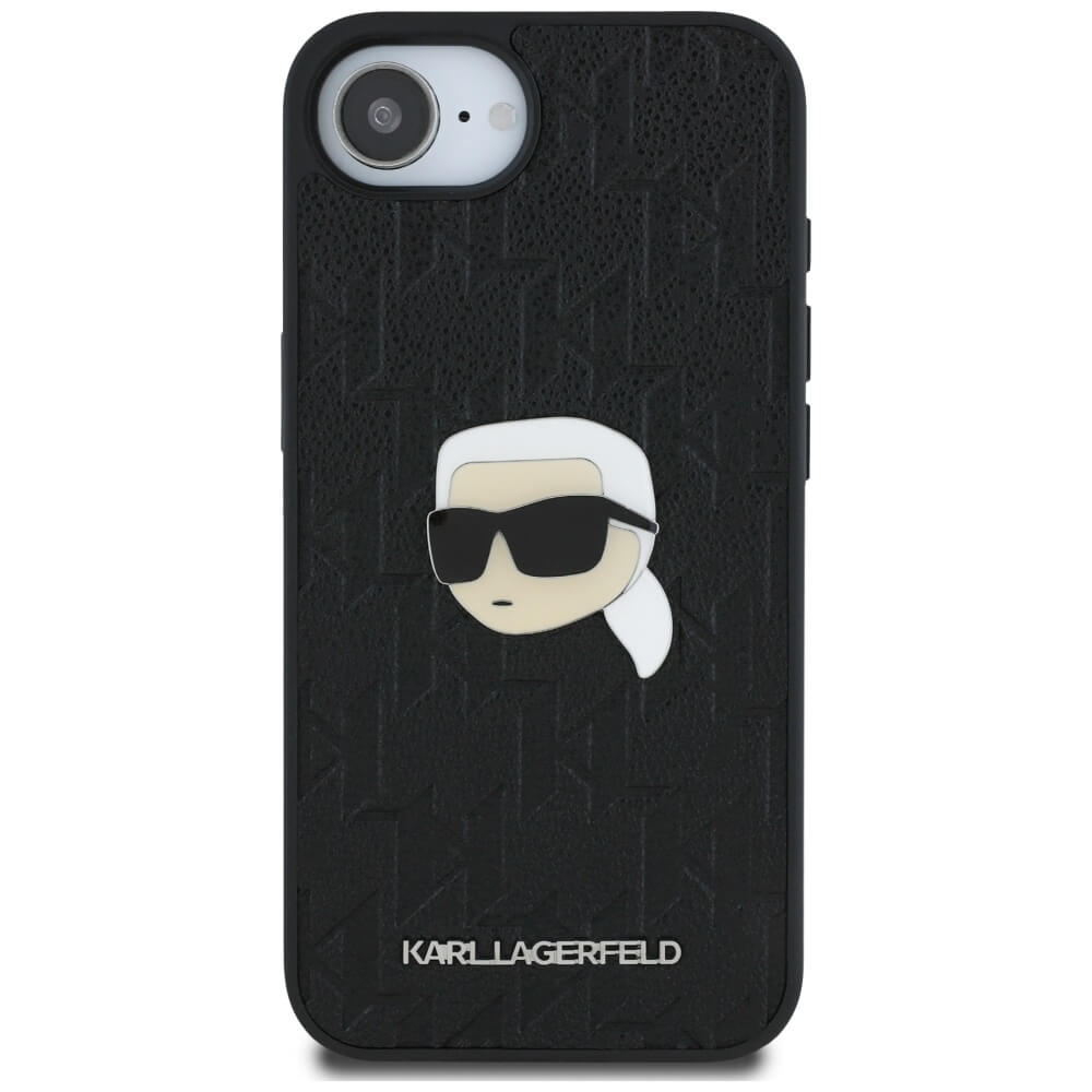 Karl Lagerfeld iPhone 16e - Monogram Karl Head Pin Σκληρή Θήκη με Επένδυση Συνθετικού Δέρματος - Black - KLHCPSE4PGKLKIPK