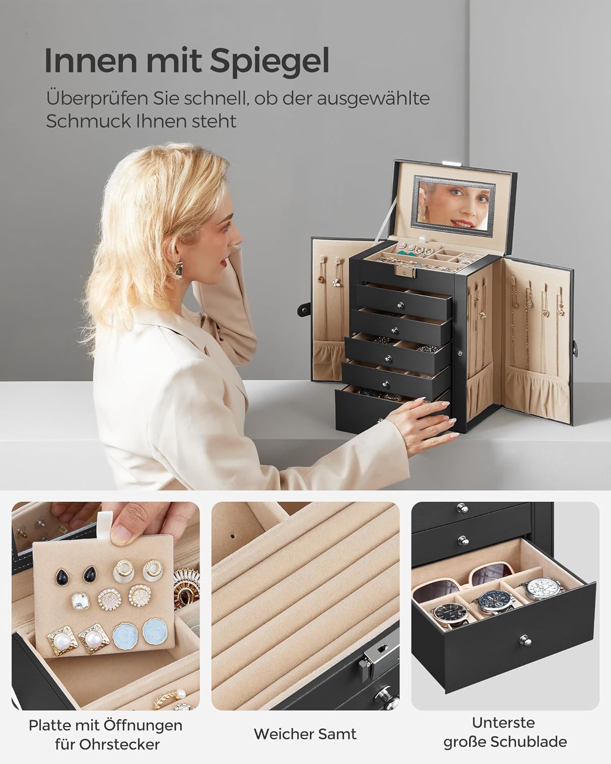 Songmics Φορητό Κουτί Αποθήκευσης Κοσμημάτων 6 Επιπέδων με Καθρέπτη - Black - JBC152B01