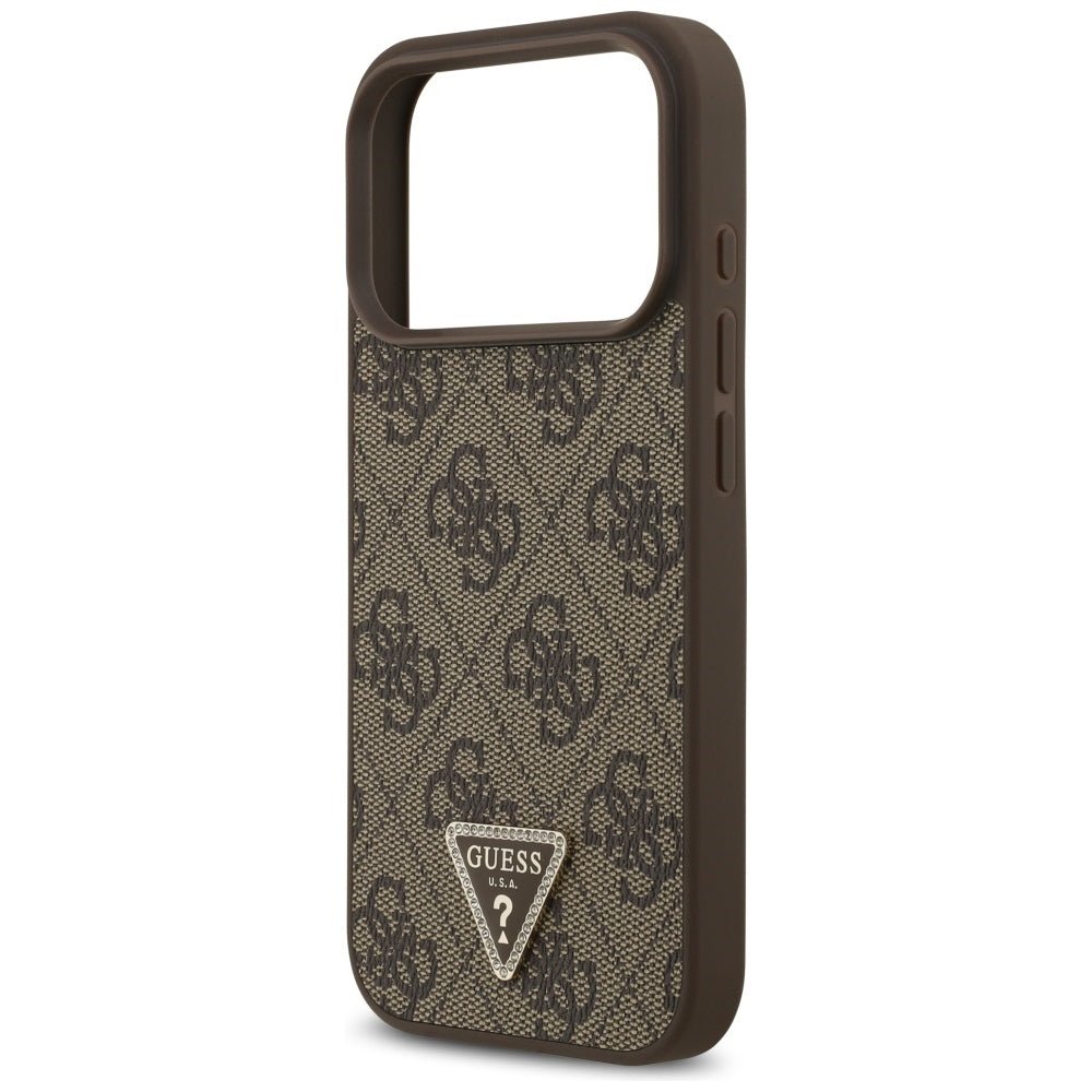 Guess iPhone 17 Pro - 4G Triangle Strass MagSafe - Σκληρή Θήκη με Επένδυση Συνθετικού Δέρματος - Brown - GUHMP17LP4TDPLW