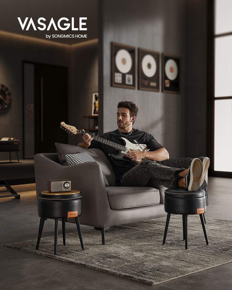 Vasagle EKHO Σκαμπό με Αποθηκευτικό Χώρο από Συνθετικό δέρμα και Ατσάλινα Πόδια - 38.2 x 44.4 cm - Ink Black - LOM005BH08