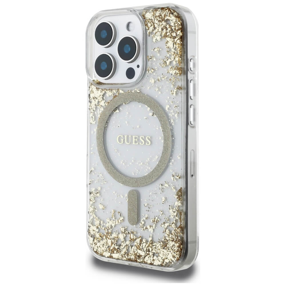 Guess iPhone 16 Pro Max - HC Resin Bottom Glitter - MagSafe Σκληρή Θήκη με Πλαίσιο Σιλικόνης - Gold - GUHMP16XRGRGED