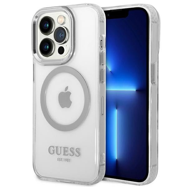Guess iPhone 14 Pro Max Metal Outline MagSafe Σκληρή Θήκη με Πλαίσιο Σιλικόνης και MagSafe - Silver / Clear - GUHMP14XHTRMS