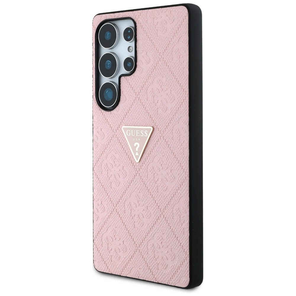 Guess Samsung Galaxy S25 Ultra - Hot Stamp 4G Pattern Triangle Metal Logo - Θήκη με Επένδυση Συνθετικού Δέρματος και Πλαίσιο Σιλικόνης - Pink - GUHCS25LPGP4STRP
