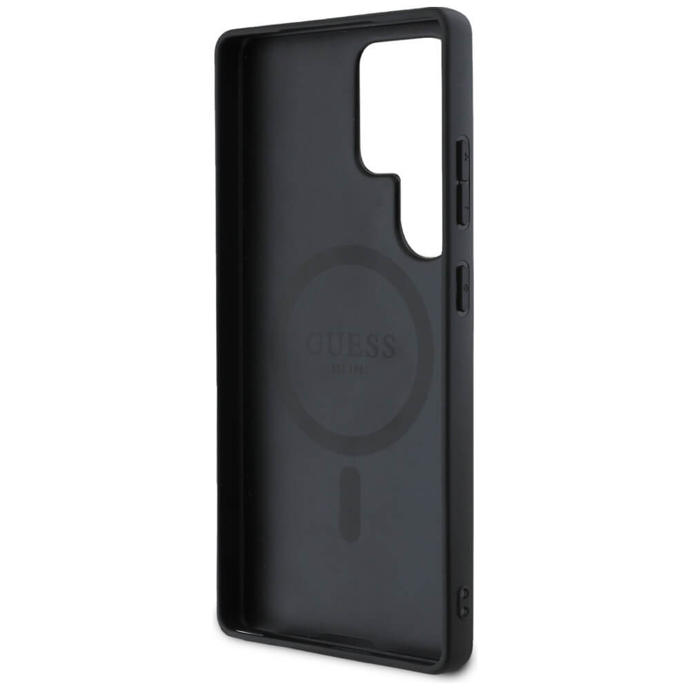 Guess Samsung Galaxy S25 Ultra - Grained Hot Stamp Peony Pattern Triangle Logo - MagSafe Σκληρή Θήκη με Πλαίσιο Σιλικόνης και Συνθετικό Δέρμα - Brown - GUHMS25LPGBTMW