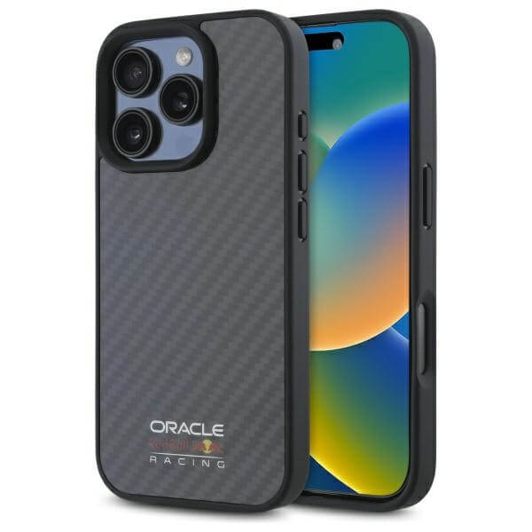 Red Bull iPhone 16 Pro - Carbon Fiber Shiny Logo - MagSafe Σκληρή Θήκη με Πλαίσιο Σιλικόνης - Black - RBHMP16L24CFILSK