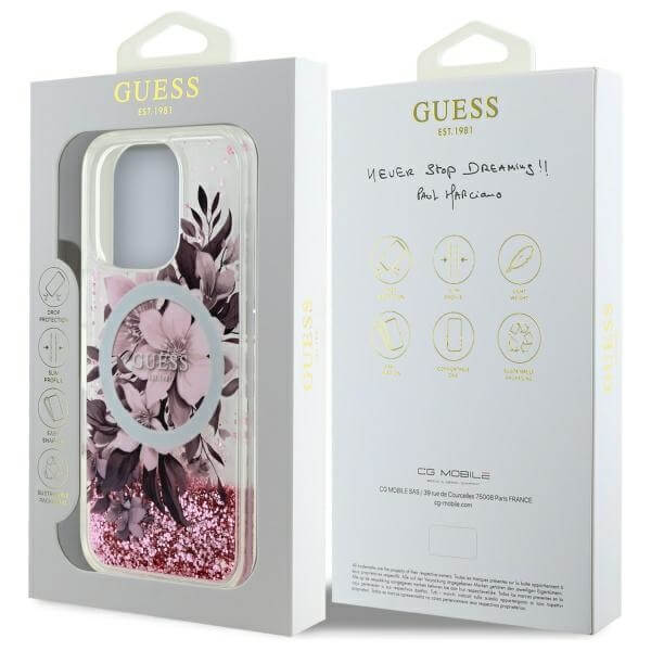 Guess iPhone 16 Pro Max - Liquid Glitter Flower - MagSafe Σκληρή Θήκη με Πλαίσιο Σιλικόνης - Διάφανη - GUHMP16XLFMWTP