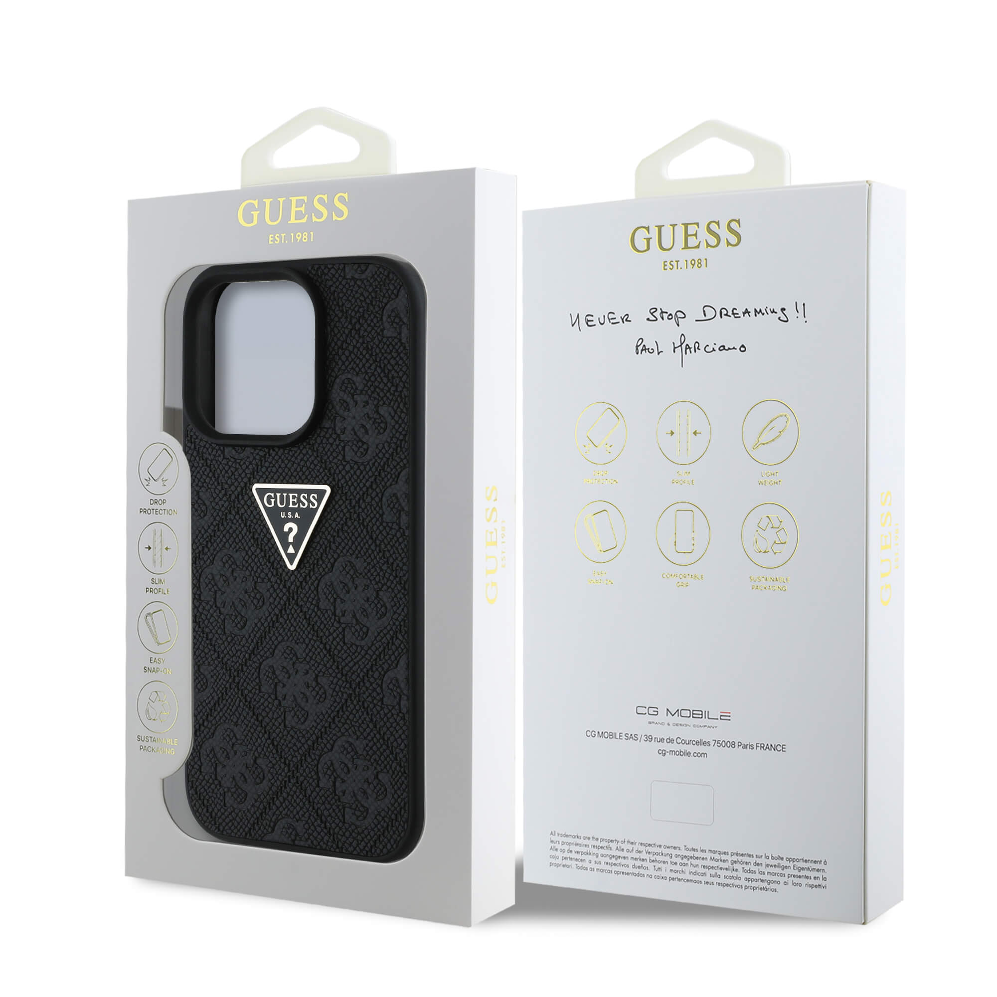 Guess iPhone 16 Pro - Hot Stamp 4G Pattern Triangle Metal Logo - Θήκη με Επένδυση Συνθετικού Δέρματος και Πλαίσιο Σιλικόνης - Black - GUHCP16LPGP4STRK