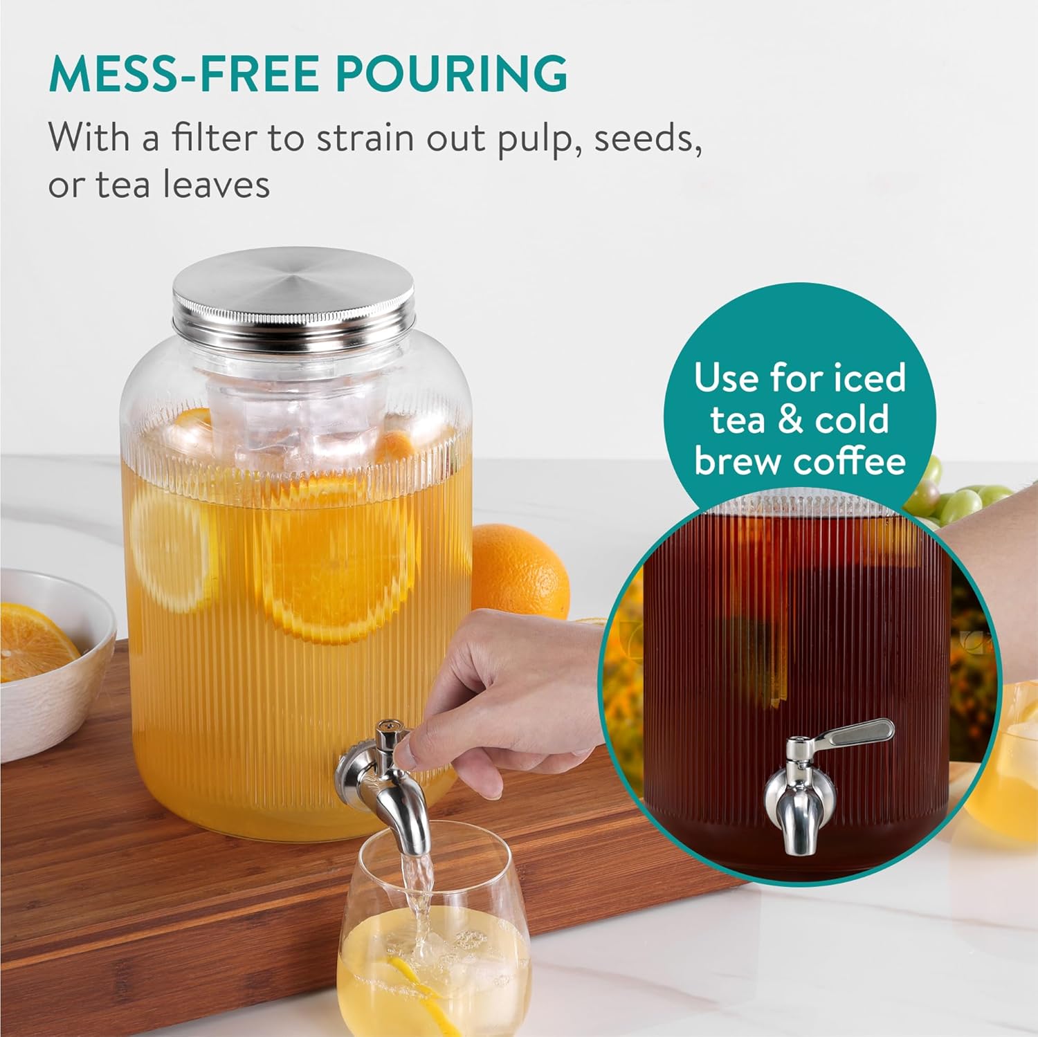 Navaris Γυάλινος Διανεμητής Ποτού με Ένθετα για Πάγο και Φρούτα - 4L - Clear