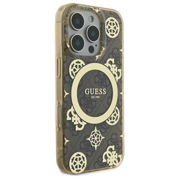 Guess iPhone 16 Pro Max - IML Peony On 4G Background MagSafe - Θήκη με Επένδυση Συνθετικού Δέρματος - Brown - GUHMP16XH4PYEEW