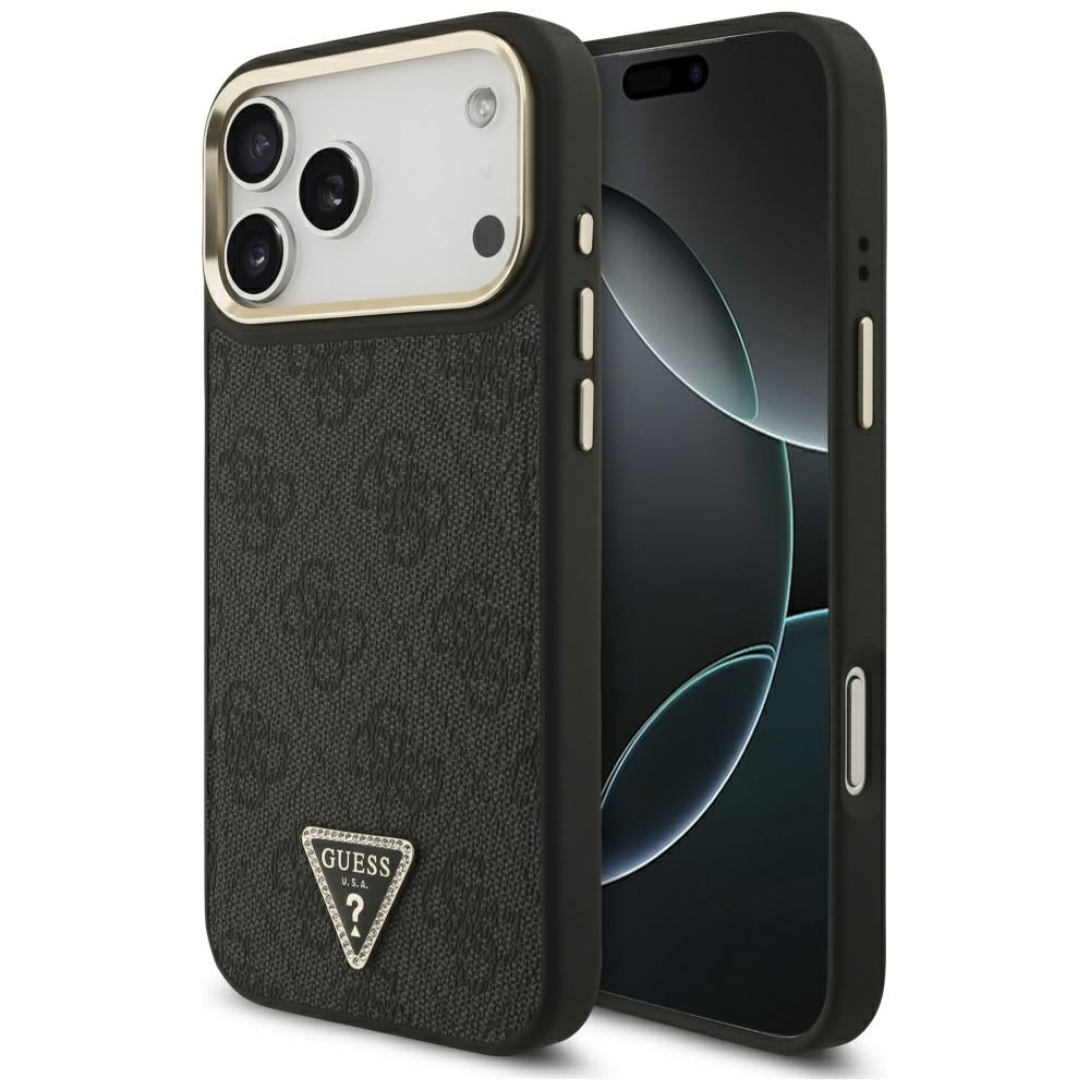Guess iPhone 17 Pro Max - 4G Triangle Strass Logo MagSafe - Σκληρή Θήκη με Επένδυση Συνθετικού Δέρματος - Black / Gold - GUHMP17XP4GTDGMK