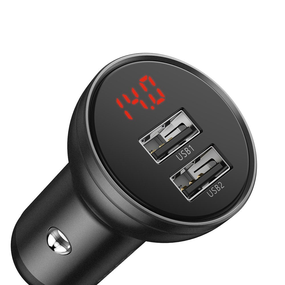 Baseus Digital Display Φορτιστής Αυτοκινήτου 4.8A με Δύο Θύρες USB και Καλώδιο Lightning / Type - C / Micro USB - Black - TZCCBX - 0G
