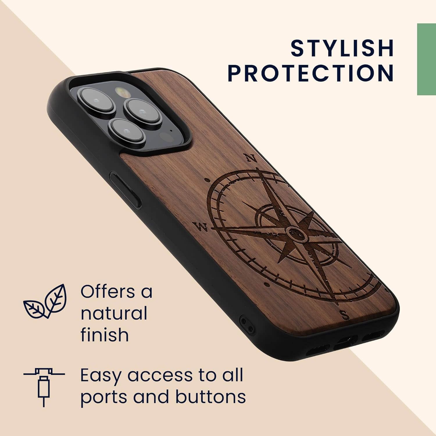 KW iPhone 15 Pro Θήκη από Φυσικό Ξύλο - Design Vintage Compass - Dark Brown - 62013.01