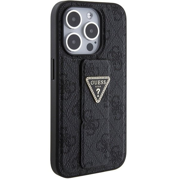 Guess iPhone 15 Pro Grip Stand 4G Triangle Strass Logo Θήκη με Επένδυση Συνθετικού Δέρματος και Stand - Black - GUHCP15LPGS4TDK