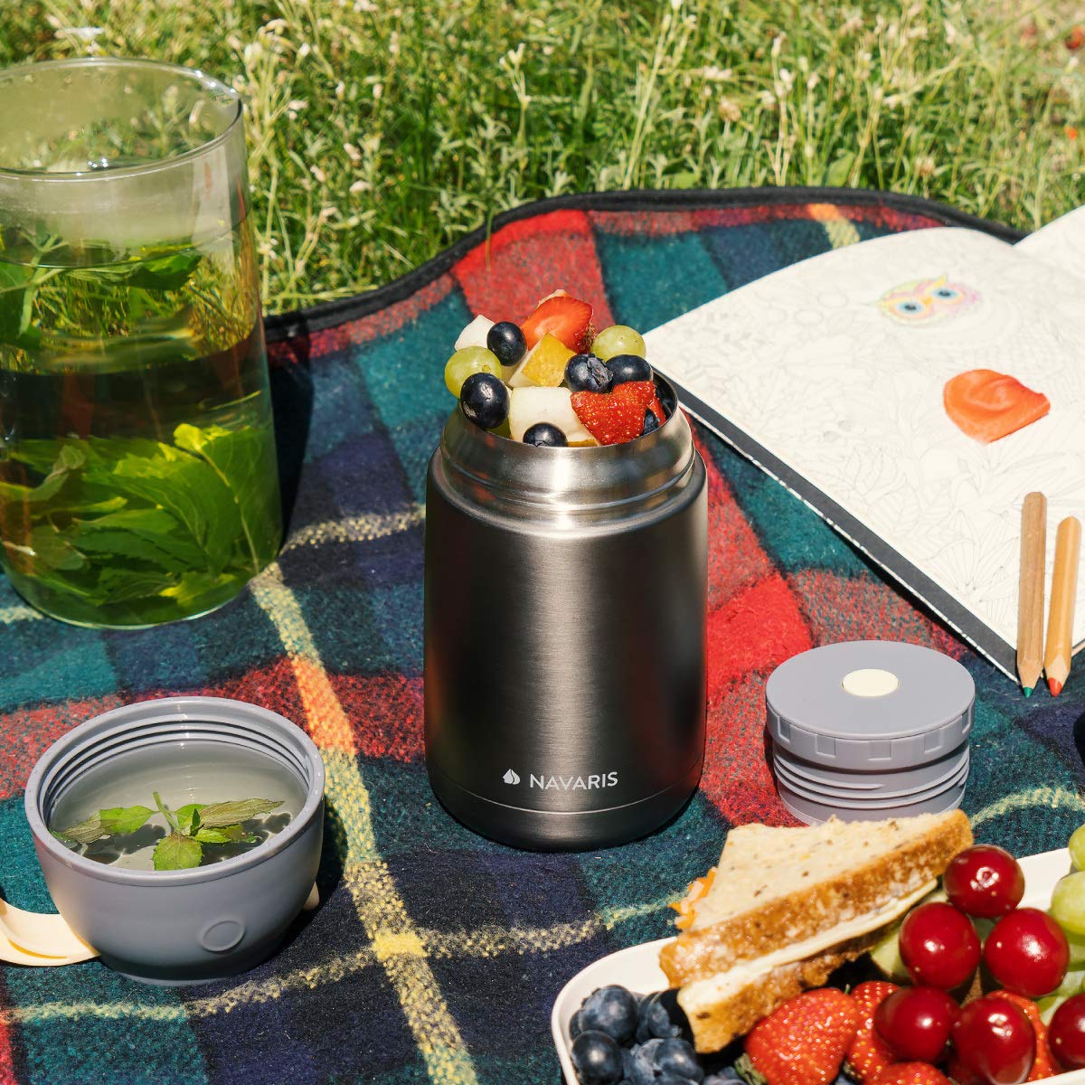 Navaris Vacuum Insulated Food Jar Θερμός από Ανοξείδωτο Ατσάλι με Καπάκι - Δοχείο Για Φαγητό - 450ml - Dark Gray - 47325.1.19