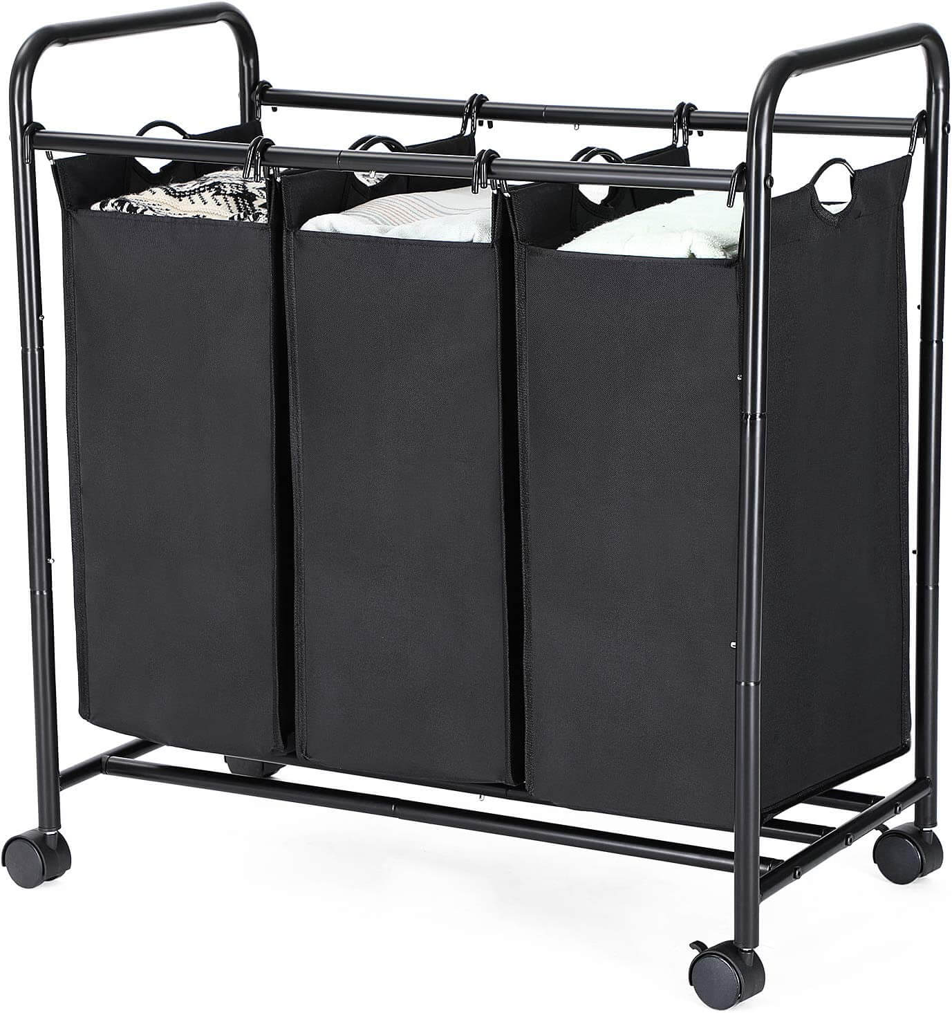 Songmics Υφασμάτινο Καλάθι Απλύτων με 3 Διαμερίσματα και Μεταλλικό Πλαίσιο - 132L - Black - LSF003B