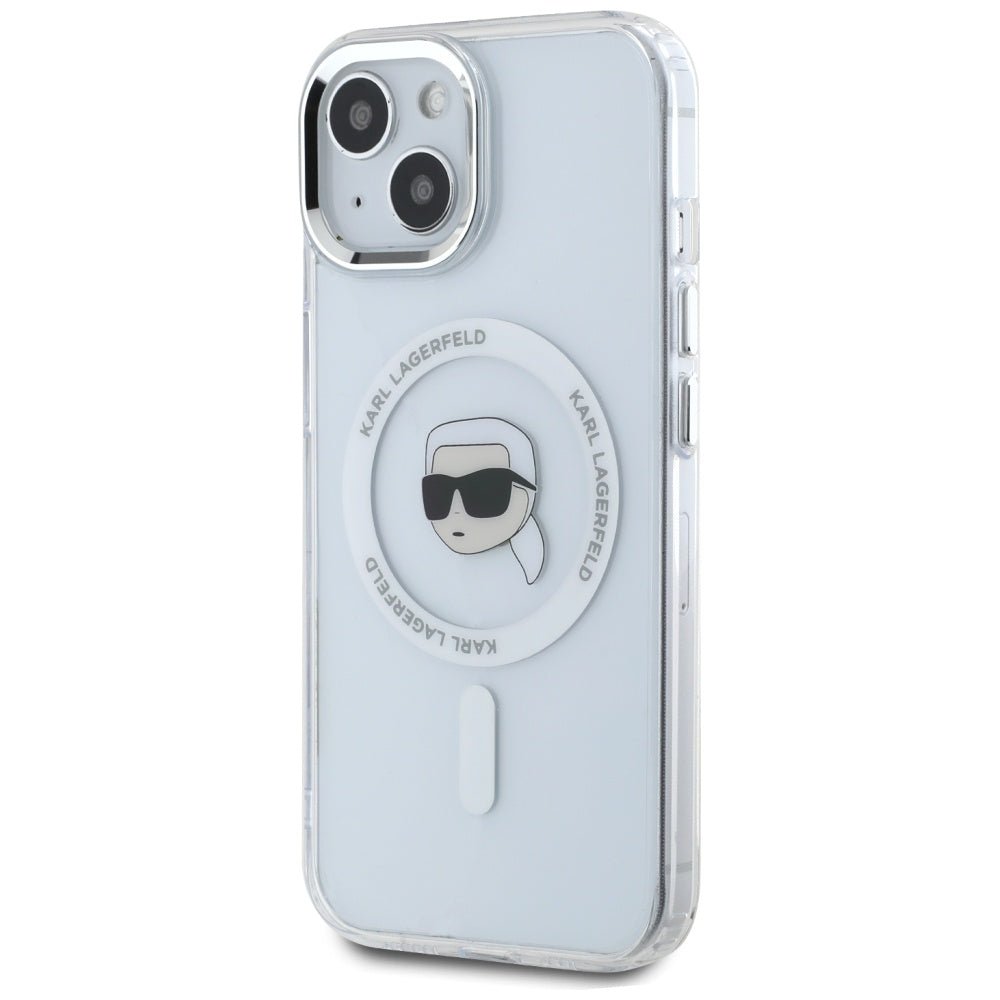 Karl Lagerfeld iPhone 15 - IML Metal Karl Head - MagSafe Σκληρή Θήκη με Πλαίσιο Σιλικόνης - White - KLHMP15SHLSKIH