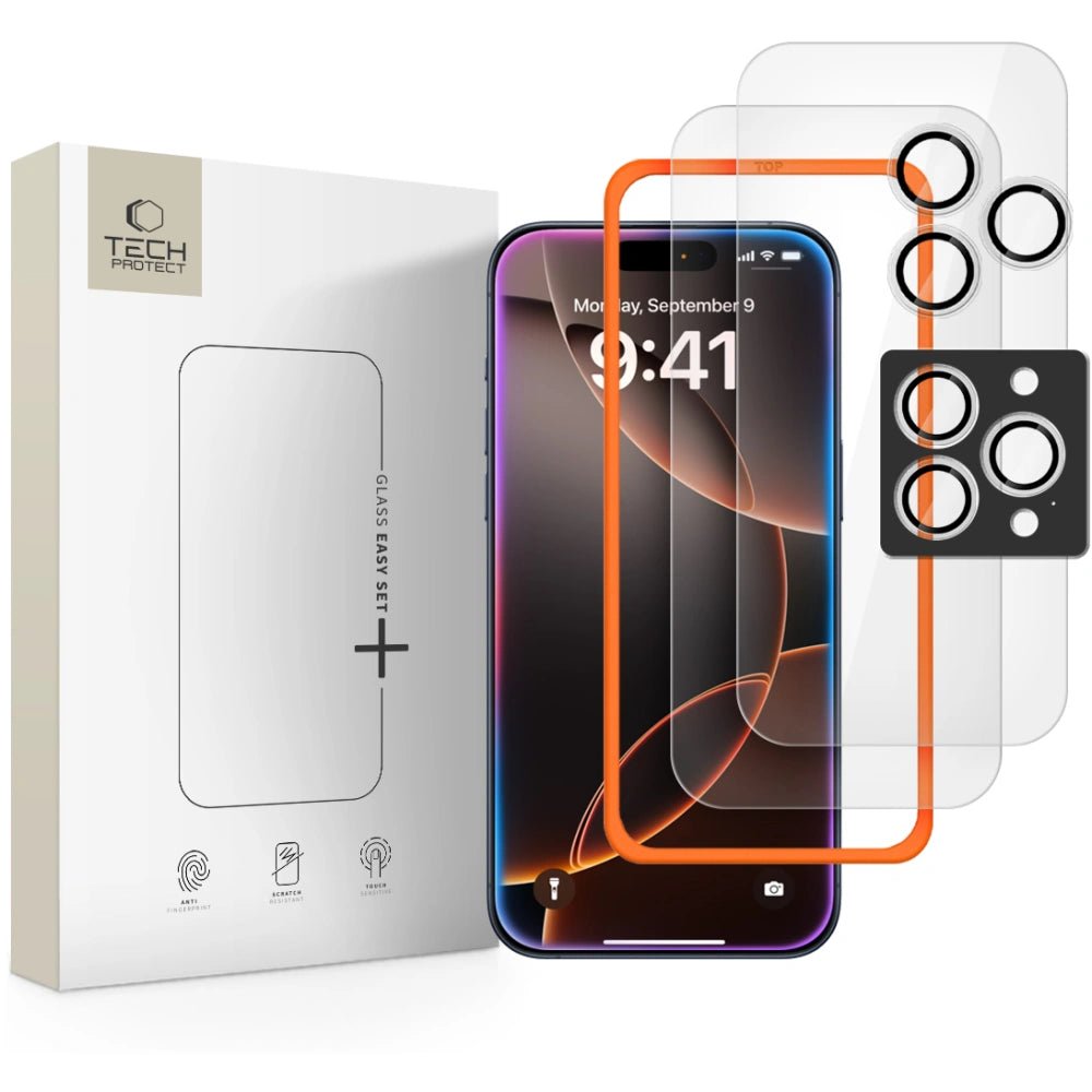 Tech - Protect iPhone 16 Pro / iPhone 17 Pro Easy Set+ - Σετ με 2 Tempered Glass Αντιχαρακτικά Γυαλιά Οθόνης με οδηγό και 1 Αντιχαρακτικό Γυαλί για την Κάμερα - Διάφανα