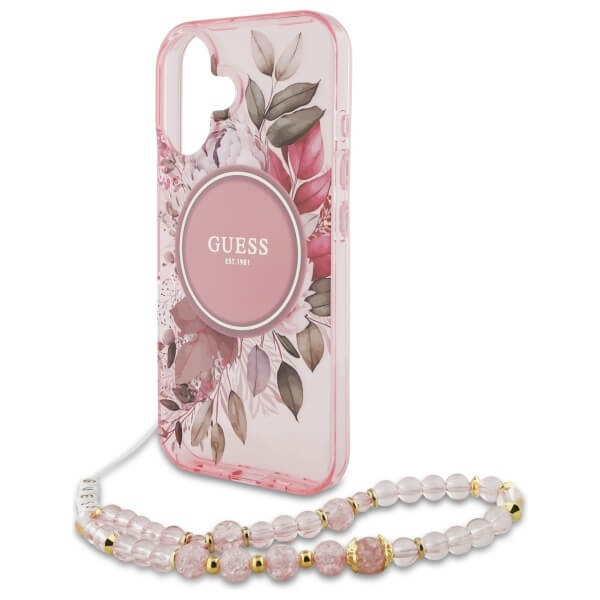 Guess iPhone 16 - IML Flowers With Pearl Strap MagSafe - Σκληρή Θήκη με Πλαίσιο Σιλικόνης και Λουράκι - Pink - GUHMP16SHFWBRCESP