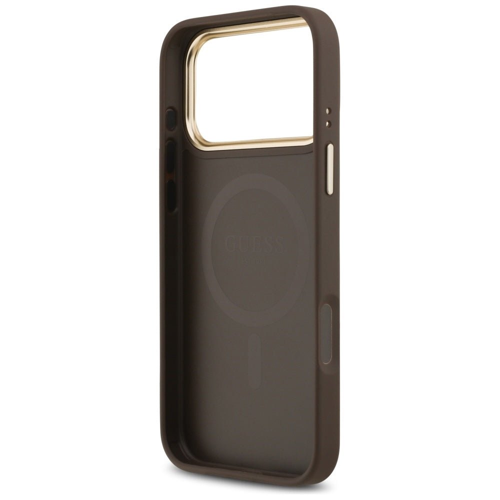 Guess iPhone 17 Pro Max - Peony Hot Stamp MagSafe - Σκληρή Θήκη με Επένδυση Συνθετικού Δέρματος - Brown - GUHMP17XPSAMSECW