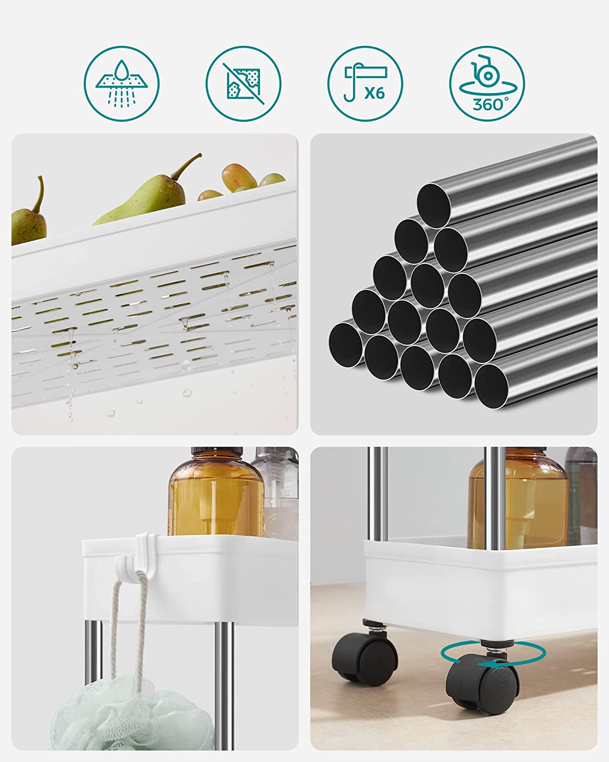 Songmics Πλαστικό Καρότσι Εξοικονόμησης Χώρου για Οργάνωση και Αποθήκευση με 4 Ράφια - 42 x 13.5 x 83 cm - White - KSC08WT