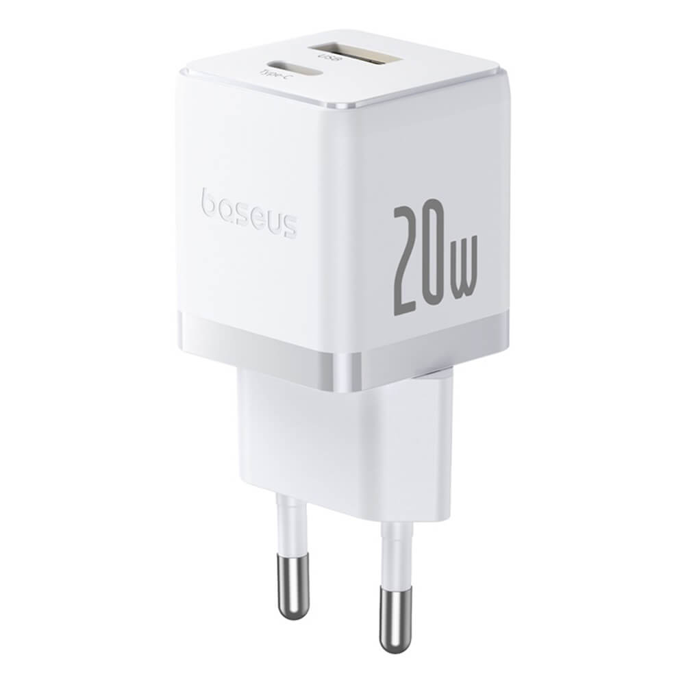 Baseus Palm Οικιακός Φορτιστής Γρήγορης Φόρτισης 20W με 1 Θύρα Type - C και 1 Θύρα USB και Καλώδιο Type - C to Type - C - Moon White
