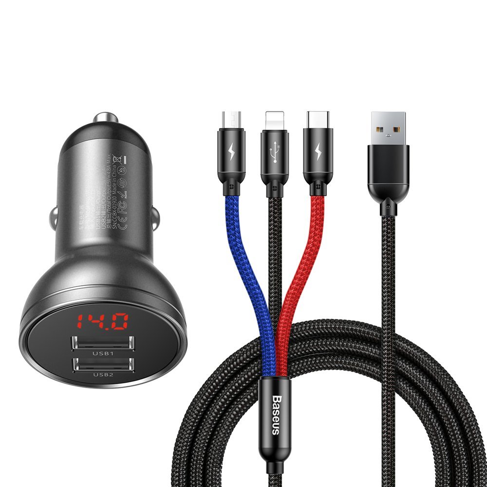 Baseus Digital Display Φορτιστής Αυτοκινήτου 4.8A με Δύο Θύρες USB και Καλώδιο Lightning / Type - C / Micro USB - Black - TZCCBX - 0G