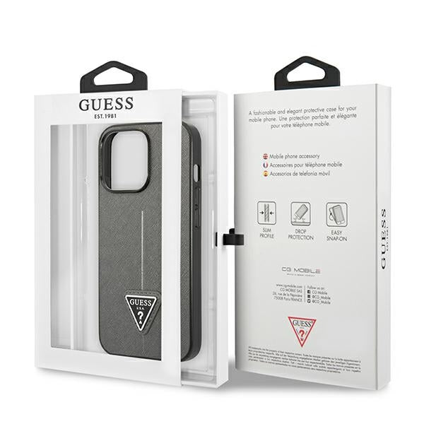 Guess iPhone 14 Pro Saffiano Σκληρή Θήκη με Πλαίσιο Σιλικόνης - Silver - GUHCP14LPSATLG